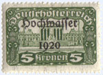 Österreich, Briefmarke aus 1921, "Aufdruck Hochwasser auf Dauerserie Parlament"