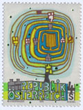 Österreich, Briefmarke aus 1975, "Spiralbaum, Bild von Friedensreich Hundertwasser"